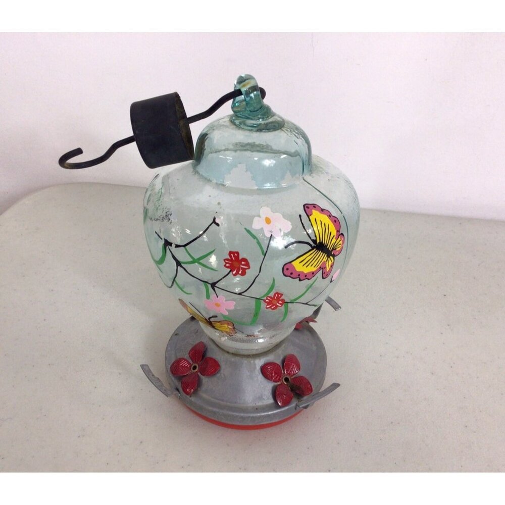 Hummingbird Feeder Multi Colored Art Blown Glass Hand Painted